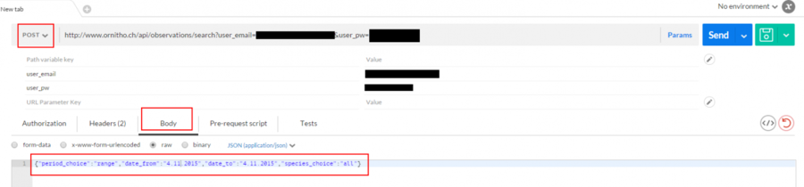 Printscreen from Postman - API query: GET observation during a period