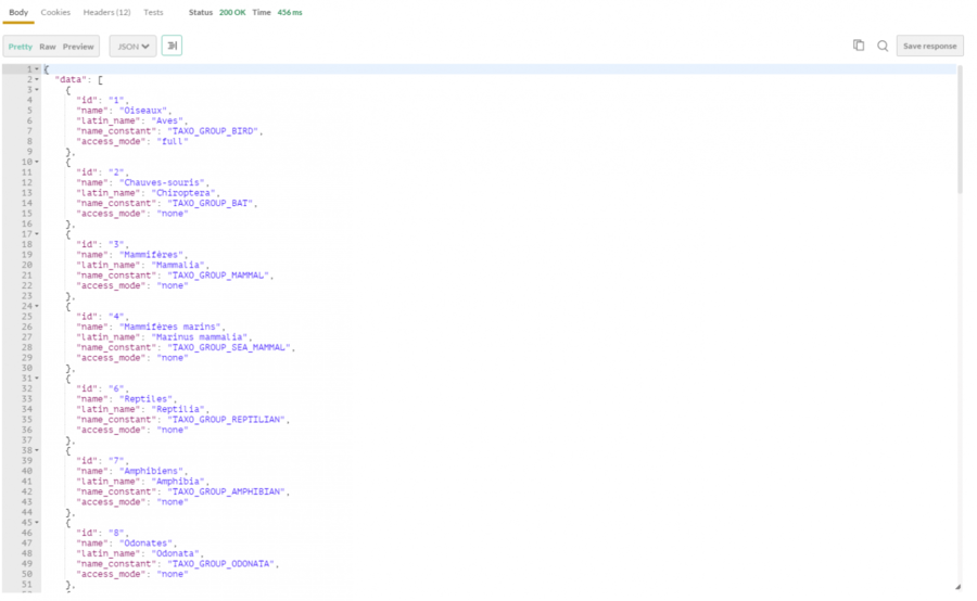 Printscreen from Postman - API query: result from GET taxo_groups